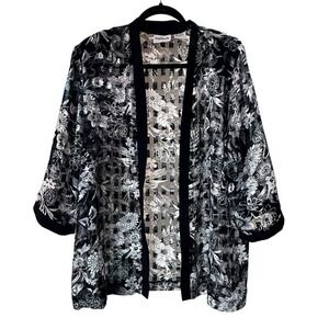 Lightweight Summer Kimono Cardigan Cover Up Black White Floral Women's Large‎